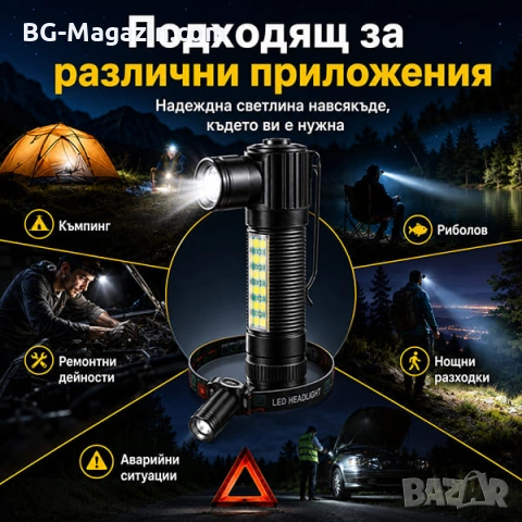 Акумулаторен LED челник за глава и ръчен фенер 2в1 за риболов къмпинг лов туризъм работа аварии, снимка 3 - Къмпинг осветление - 50938425