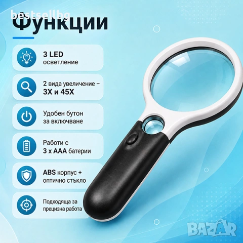 Ръчна лупа 3 LED осветление увеличение 3Х и 45Х офис четене микроскоп часовникарска златарска бижута, снимка 2 - Други инструменти - 9636611