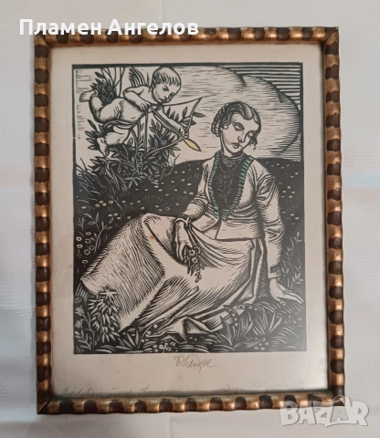 Оригинална графика, Дърворез от Рудолф Шистл"Medchen und Amor". , снимка 2 - Картини - 54403745