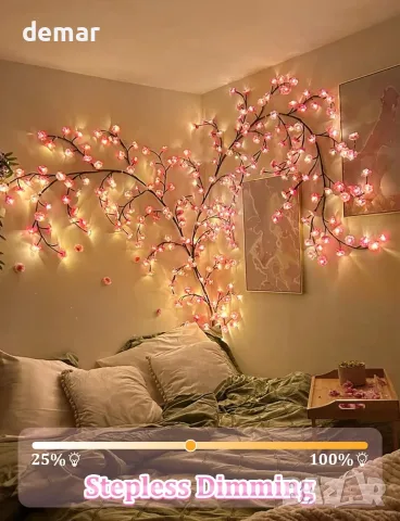 LED лампи за стена - клонки с черешов цвят, 8 режима, 144 LED, дистанционно, 2,3 м, снимка 2 - Декорация за дома - 55622120