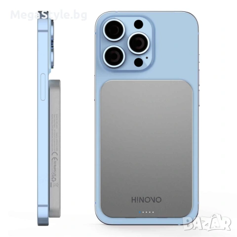 Външна батерия Hinovo Magnetic Wireless 5000mAh, 15W, Съвместима с MagSafe, Type-C кабел, Сив, снимка 2 - Външни батерии - 55162945