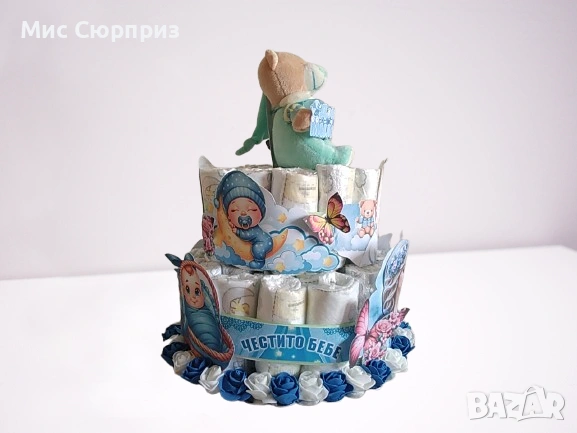 Торта от памперси за момченце, снимка 2 - Пелени, памперси - 54007515