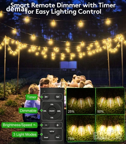 Външни гирлянди, 30 м, S14, 30+2 LED крушки, градинско гирляндово осветление, дистанционно, IP65, снимка 4 - Лед осветление - 54048511