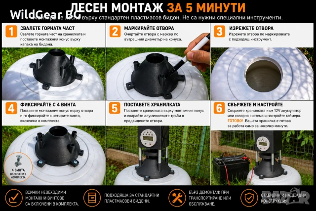 Автоматична хранилка за диви животни 12V | Таймер | За бидон | Соларен панел | Животни | Ферми , снимка 2 - Стръв и захранки - 54903929
