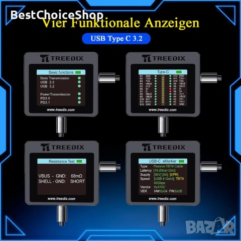 Treedix USB тестер за кабели 2.4-инчов цветен дисплей поддържа множество типове кабели – USB-C, снимка 11 - Друга електроника - 54481046