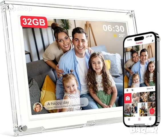 Чисто Нова Смарт Фоторамка AMABOO 10.1" с Луксозен Акрилен Корпус, WiFi, 32GB Памет и Frameo