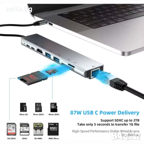 USB-C хъб 8 в 1, HDMI 4K 30Hz, RJ45 100Mbps, PD 87W, USB 3.0 за MacBook, Dell, Lenovo 10305, снимка 3 - Друга електроника - 54663317