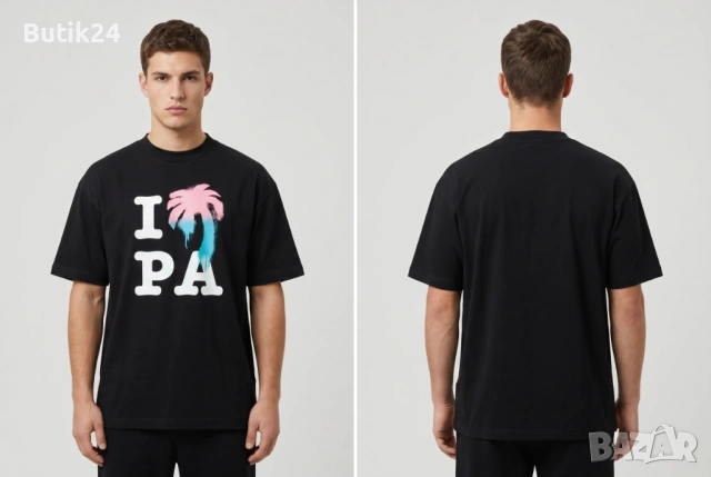 Palm Angels мъжка тениска „I Love PA" — черна, овърсайз, палма принт