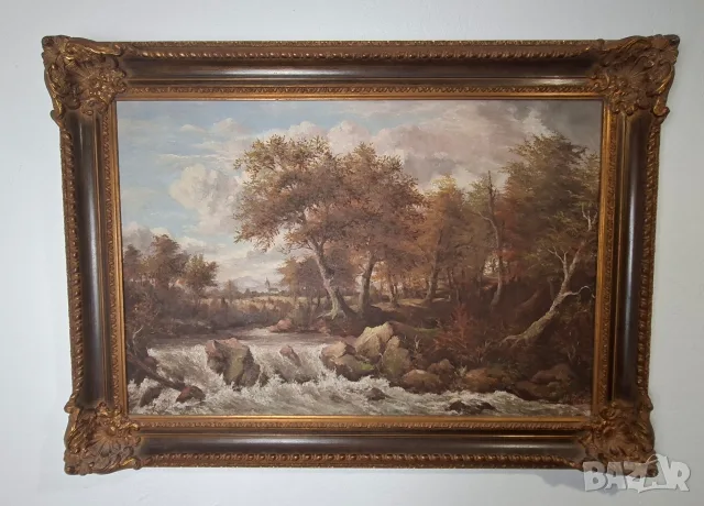 Маслена картина с планински пейзаж, в барокова рамка