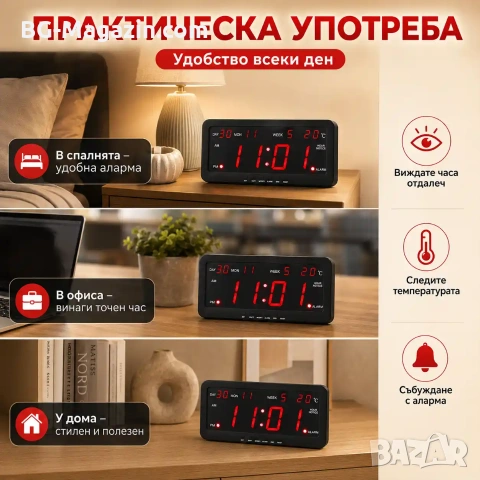 Голям дигитален настолен часовник с термометър аларма стенен на ток температура дата светещ на ток, снимка 6 - Други - 51038174
