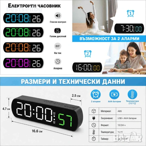 Дигитален настолен часовник с температура аларма дата постоянно светещ на ток USB големи цифри, снимка 4 - Други - 50877834