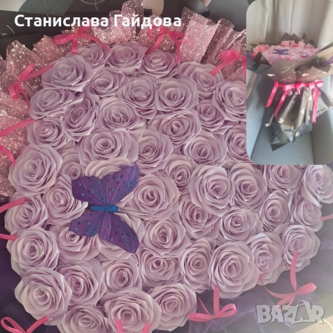 Ръчно направен букет от сатенени рози.
