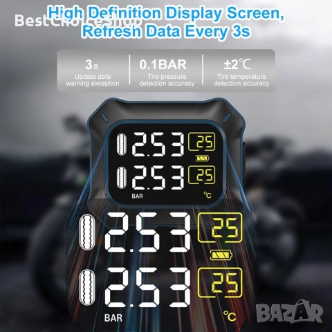 Безжична TPMS система за мотори за налягане и температура на гумите с LCD и 2 сензора, презареждаема, снимка 10 - Аксесоари и консумативи - 54985653