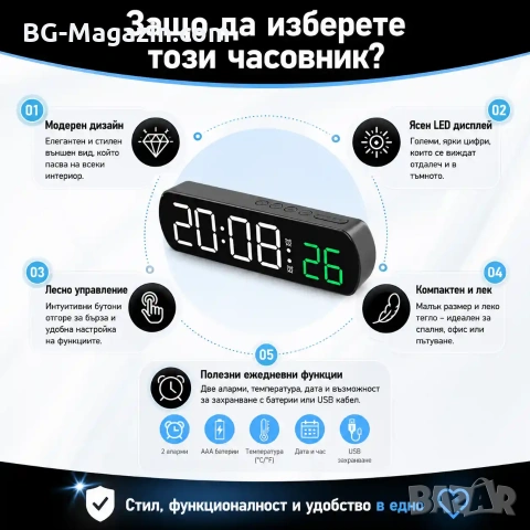 Електронен настолен LED часовник с термометър аларма постоянно светещ на ток USB за дома офиса нов, снимка 5 - Други - 51178926