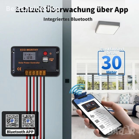 30A соларен контролер за зареждане 12/24V PWM Bluetooth приложение мониторинг 2 USB порта, снимка 12 - Друга електроника - 54914044