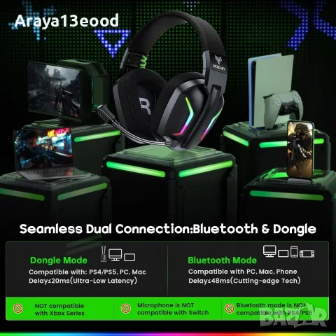 WESEARY WG1 Безжични геймърски слушалки с микрофон – 2.4GHz, Bluetooth 5.0, RGB, до 50 часа работа, снимка 7 - Слушалки и портативни колонки - 55582149