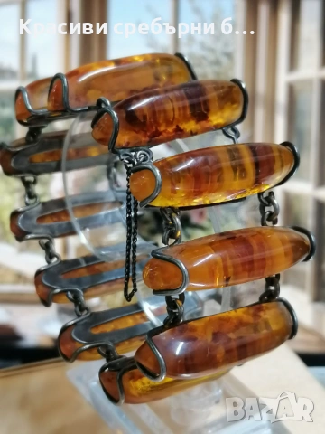 Масивна сребърна Fishland с балтийски кехлибар , снимка 2 - Гривни - 53903584