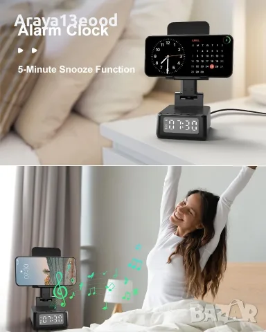 Мултифункционална Bluetooth колонка с безжично зарядно, стойка за телефон и будилник, снимка 3 - Безжични зарядни - 55627146