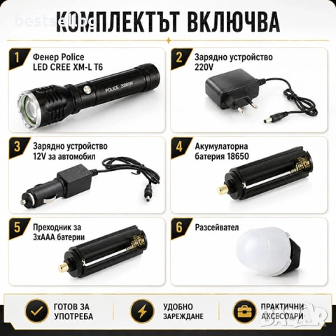 Силен акумулаторен фенер Police CREE XM-L T6 Zoom с магнит разсейвател и зарядни 220V 12V, снимка 5 - Къмпинг осветление - 50861325