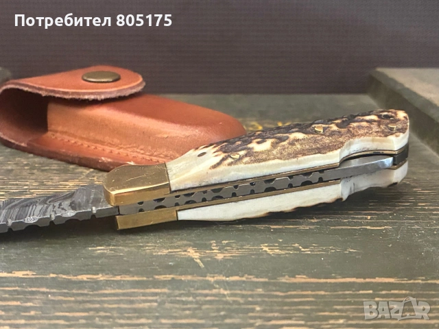 Джобен сгъваем нож еленов рог и дамаска стомана, снимка 5 - Ножове - 55243478