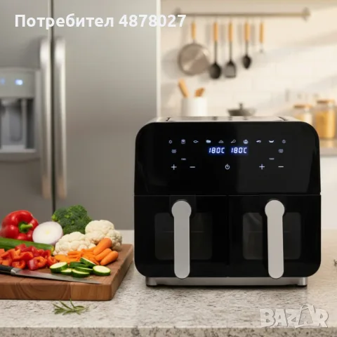 Двоен фритюрник с горещ въздух Cheffinger 9 л  с дигитален дисплей, стъклен прозорец и 360° циркулац