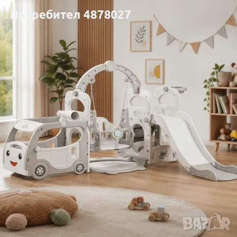 Детски център за игра 6 в 1 с пързалка, люлка, баскетболен кош и тунел, 205 см – за градина и детска, снимка 5 - Детски люлки - 55443371