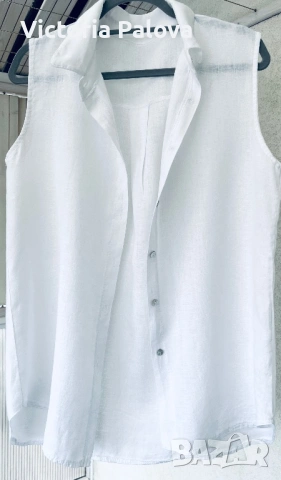 Стилна италианска ленена риза без ръкави в класическо бяло, снимка 2 - Корсети, бюстиета, топове - 54019412