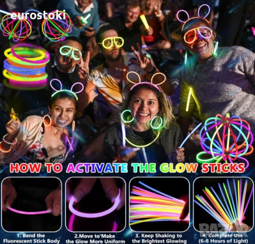 Парти комплект неонови пръчки MULEVIP Glow Party, 347 части, фосфоресциращи пръчки с конектори , снимка 5 - Декорация за дома - 54493021