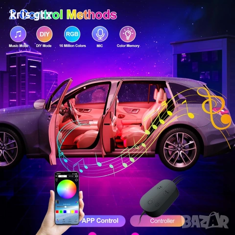LED амбиентно осветление с APP контрол и 16 милиона цвята, музикален режим, цветна памет, снимка 2 - Аксесоари и консумативи - 55126093