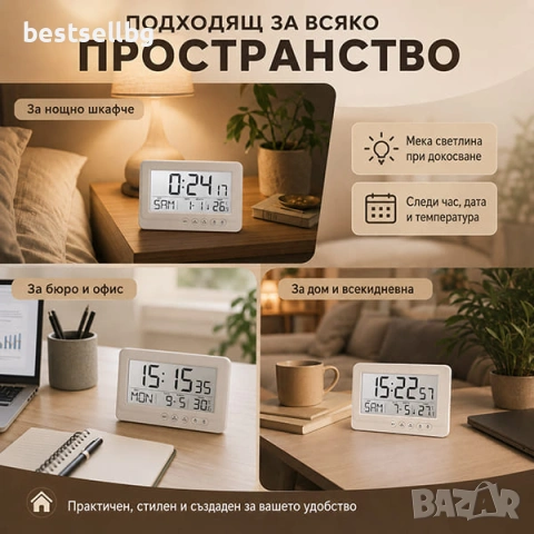 Електронен настолен часовник дигитален с осветление температура аларма, снимка 2 - Други - 42188699
