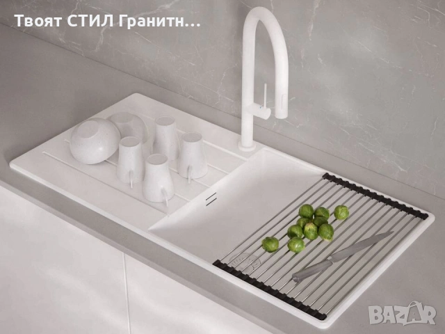 Бяла кухненска мивка от гранит Копенхаген 1000x500 Top 60, снимка 7 - Мивки - 55123819
