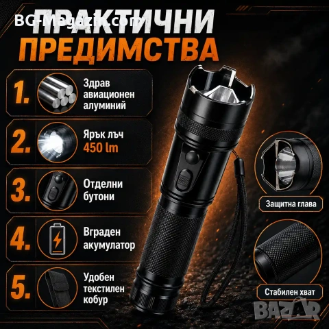 Мощен тактически електрошок кучегон за самоотбрана от кучета нападение хора LED фенер акумулаторен, снимка 4 - Екипировка - 53032357