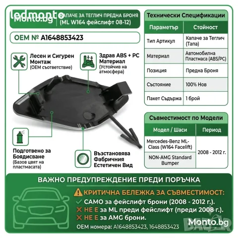 Капачка за кука за Предна Броня Mercedes ML-Class W164 Facelift (2008-2012)
