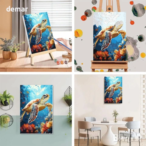 Боядисване по номера с костенурка за възрастни с рамкирано платно и дървен статив, 20х30 см, снимка 3 - Други игри - 53949739