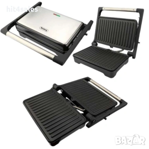 Тостер-сандвич, 1000W, Грил, Незалепващи плочи-23х14.5см., Отваряне на 180°, Инокс