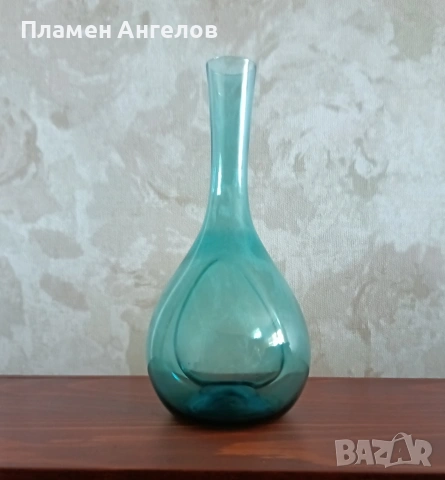 Винтидж шведска ваза от ръчно духано стъкло с трапчинка МСМ Тюркоаз, снимка 3 - Вази - 54446279
