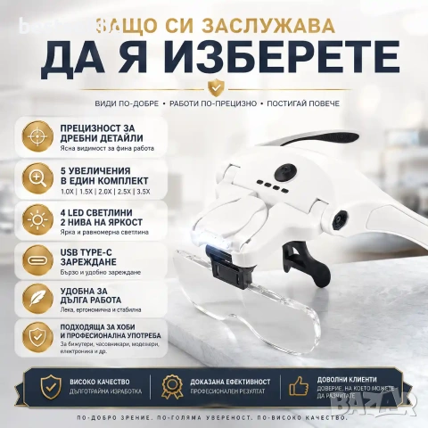 Професионална акумулаторна лупа за глава с LED осветление 5 лещи за четене шиене бродиране гоблени, снимка 7 - Други инструменти - 54110062