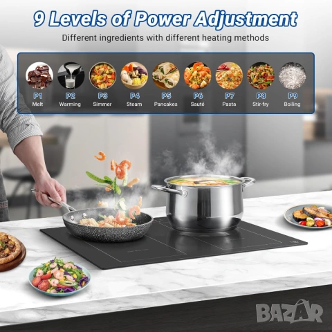 Индукционен плот AMZCHEF 60 см 4 зони 7200W с две Flex зони - НОВ, снимка 7 - Котлони - 54949024
