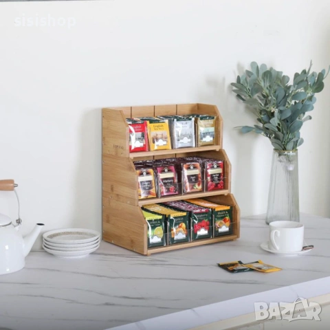 Луксозен бамбуков органайзер за чай 3-в-1 – Кутия с 12 отделения за съхранение и подреждане 4631, снимка 3 - Други стоки за дома - 53983908