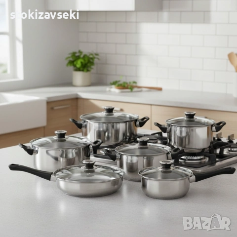 Комплект готварски съдове от инокс 12 части: 5 тенджери, тиган и стъклени капаци (16-24 см), снимка 6 - Съдове за готвене - 54083681