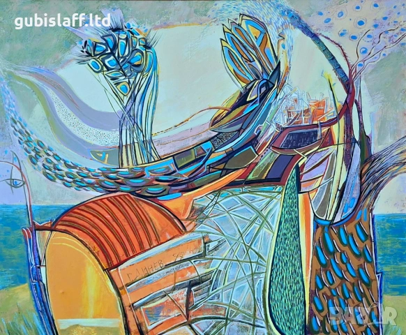 Картина "Фантастичен пейзаж", худ. Г. Динев, 1997 г., снимка 2 - Картини - 54855374