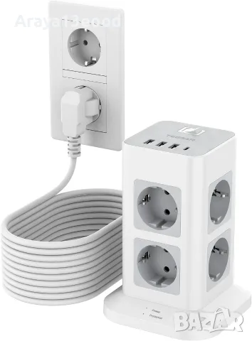 TESSAN разклонител с 8 контакта, USB-C и 3× USB-A, 10 м кабел, защита от претоварване– 3600W