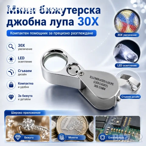 Професионална бижутерска джобна лупа с LED осветление 30X лед лампа за часовникари бижутери златари, снимка 8 - Други инструменти - 50920158