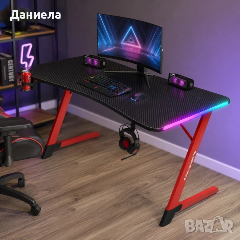 Геймърско бюро с RGB LED подсветка, карбонов плот и стоманена Z-конструкция, 120 см, черно/червено, снимка 2 - Бюра - 54696842