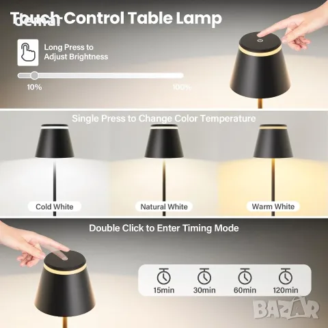 LED настолна лампа на батерия, USB-C зареждане и дистанционно, снимка 5 - Настолни лампи - 55537414