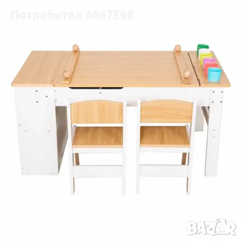 Детска дървена маса 3 в 1 с 2 столчета и дъска за рисуване, снимка 4 - Мебели за детската стая - 55393963