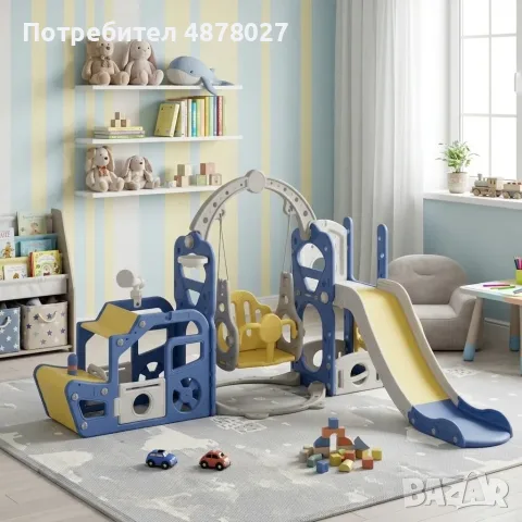 Детски център за игра 5 в 1 с пързалка, люлка, баскетболен кош и телескоп – свободностоящ 220 см за , снимка 4 - Детски люлки - 55443497
