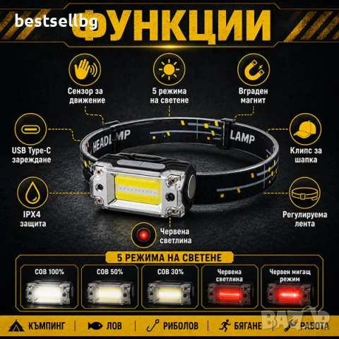 Мощен акумулаторен челник със сензор USB LED фенер за глава къмпинг лов риболов бягане работа, снимка 2 - Къмпинг осветление - 50877966