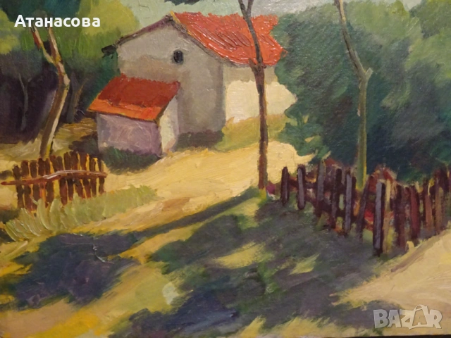 Авторска картина "Селски пейзаж" масло платно 1980 г, снимка 4 - Картини - 54488488
