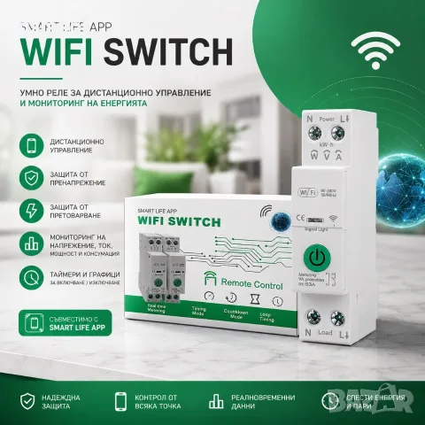 Смарт WiFi автоматичен прекъсвач 63A с електромер (kWh), защити и управление през телефон Tuya , снимка 4 - Друга електроника - 55300121